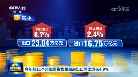 今年前11個月我國貨物貿易進出口同比增長4.9%