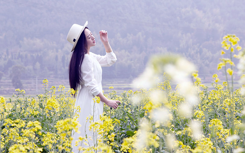 一名美女游客在油菜花海之间沉醉,流连.